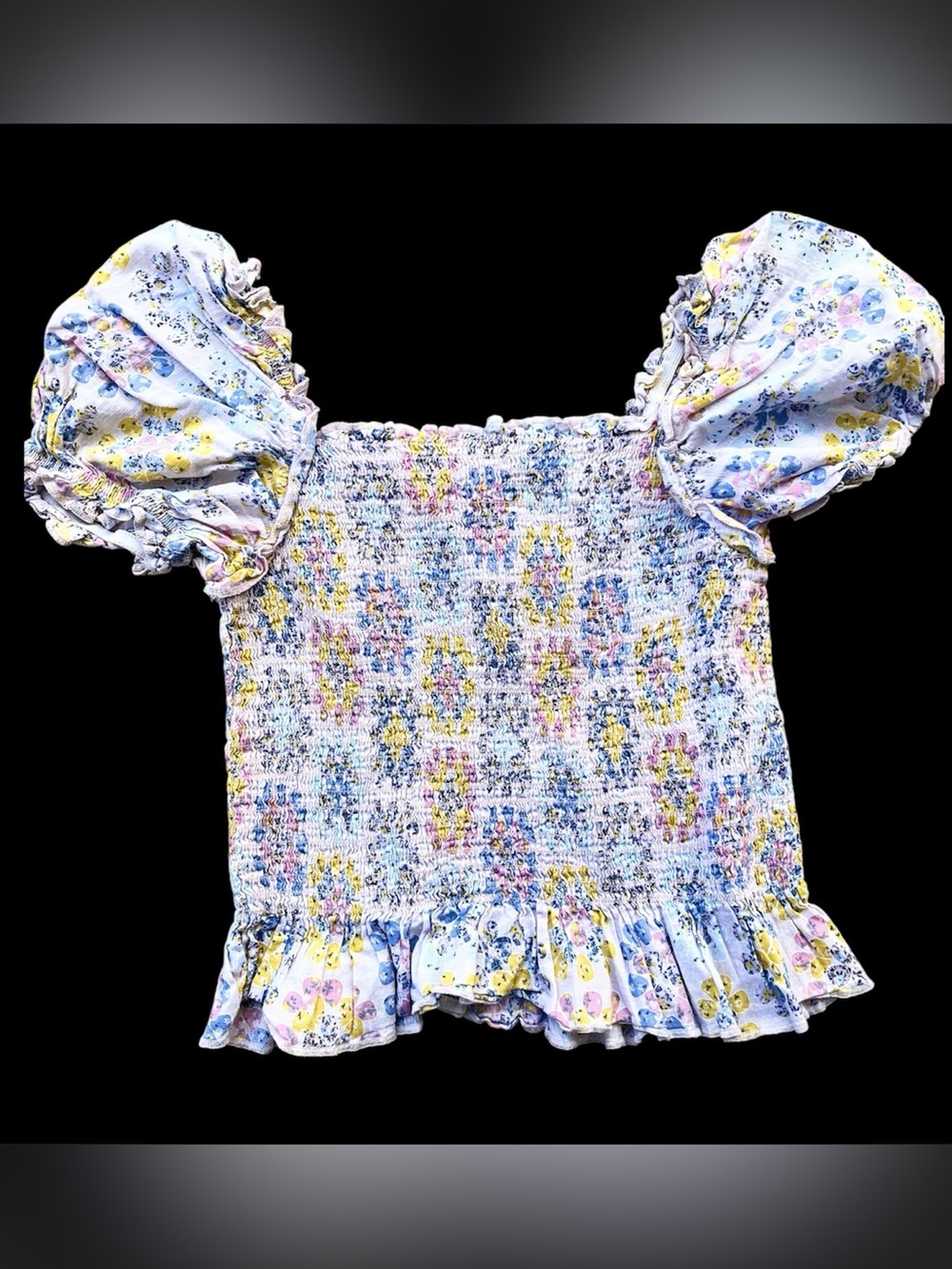 Girl’s Wonder Nation Smocked Stretchy Floral Top Multicolor Puff Sleeves Size L